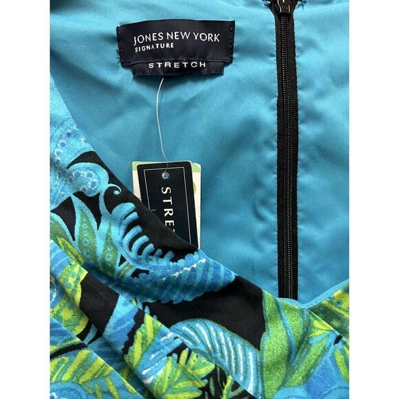 Jones New York Signature Womens Dress Sz 8 Blue Green Stretch Leaf Print Ruffle - Picture 7 of 7